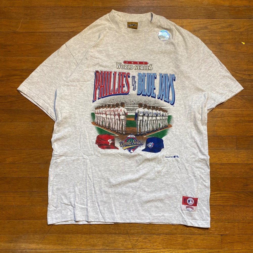 Vintage 1993 World Series Phillies vs Blue Jays Nutmeg MLB T-Shirt XL Gray NOS‎